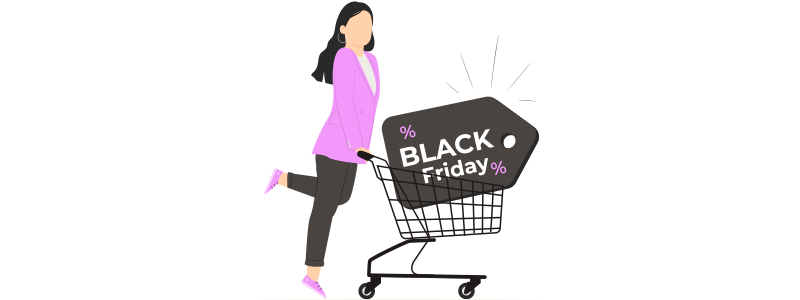 Ilustração de uma mulher com um carrinho de compras da Black Friday 2022