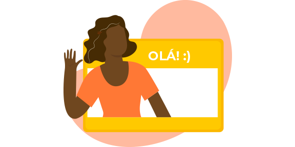 Mulher negra fazendo sinal de "olá" em frente a uma placa, também com os dizerem "Olá" com uma carinha feliz, demonstrando o que é opt-in. 