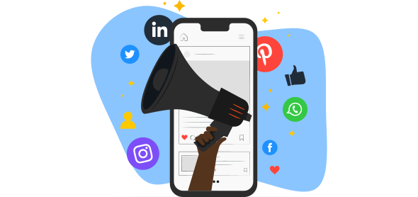 Celular cercado de ícones de redes sociais e com um megafone na tela, representando o social selling.