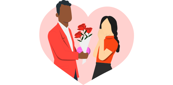 Um homem dando rosas vermelhas para mulher demonstrando campanha Dia dos Namorados. 