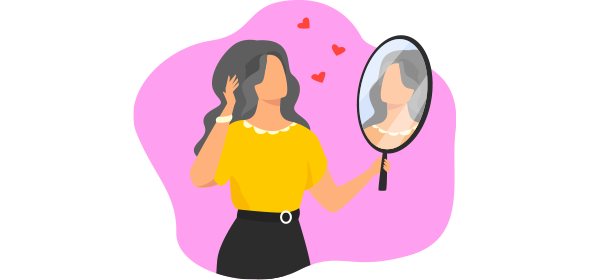 Mulher se olhando no espelho e aproveitando a campanha Dia dos Namorados para solteiros. 