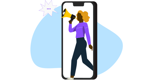 Mulher negra com um megafone e dentro de um celular demonstrando como o sistema CRM faz o seu marketing chegar mais longe.