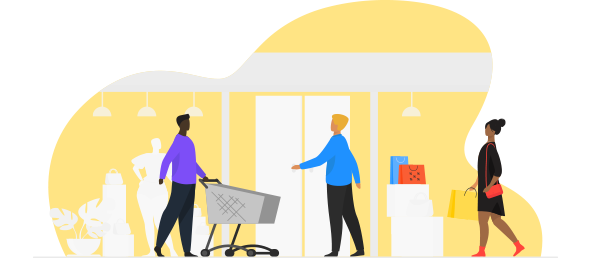 Três consumidores (dois homens e uma mulher) fazendo compras de forma integrada (online e físico) usando das facilidades do varejo omnichannel.