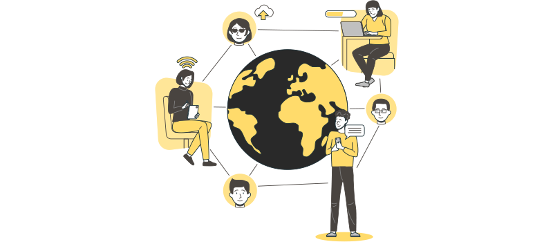 Ilustração de pessoas em volta de um globo, conectadas e se comunicando através da internet.
