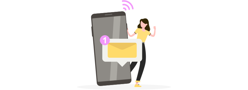 Ilustração de uma pessoa recebendo uma notificação em seu celular, avisando sobre uma promoção de vendas relâmpago