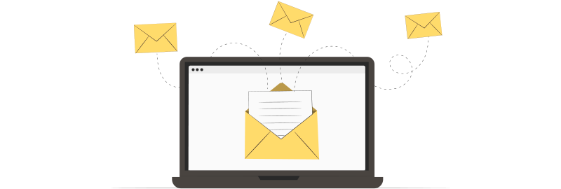 Ilustração de um notebook contendo uma imagem de um envelope comum, representando e-mails