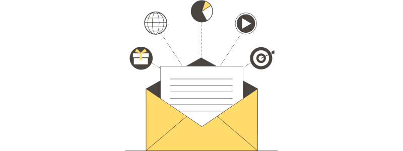 Ilustração de um envelope, referenciado o e-mail marketing, cercado por ícones que representam a entrega de conteúdos diferentes pelo e-mail.