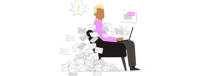 Ilustração de uma pessoa sentada coberta por envelopes, que representam e-mails, demonstrando o excesso de envios