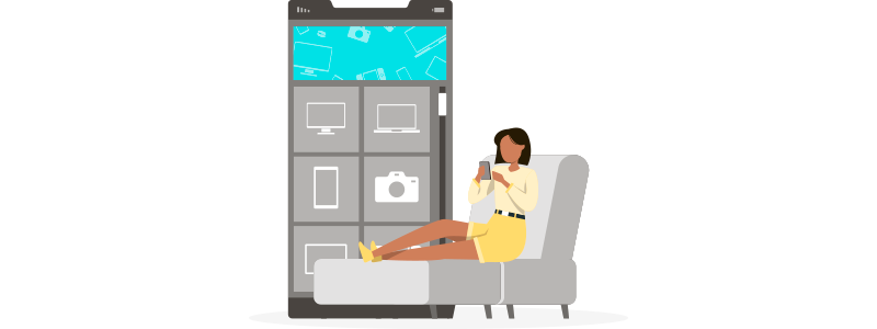 Ilustração de uma mulher deitada em uma poltrona, com seu celular em mãos observando produtos online