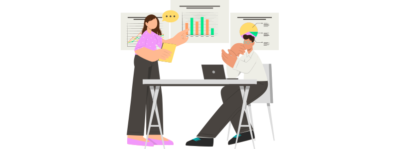 Ilustração de duas pessoas conversando, apontando para gráficos e tabelas dispostos na parede, para analisar os dados coletados pelo plano de marketing