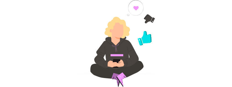 Ilustração de uma mulher sentada navegando na internet pelo celular