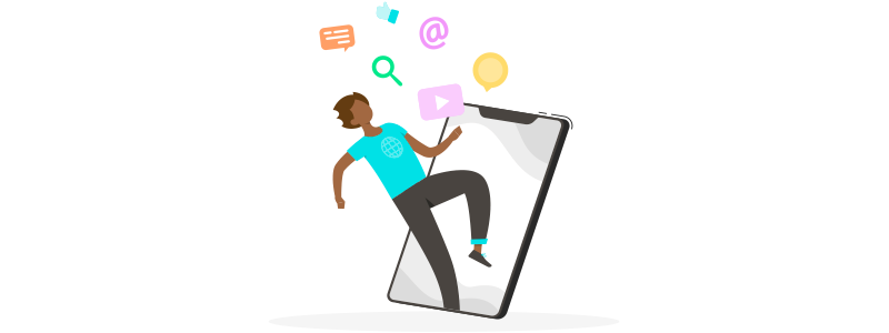 Ilustração de uma pessoa sendo puxada pelo celular, representando o que é UTM e como ele mostra o caminho do usuário até o site