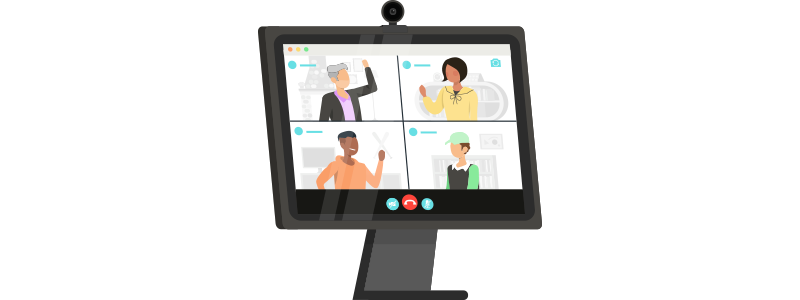 Ilustração de 4 pessoas em uma chamada de vídeo online, demonstrando a integração causada pelo endomarketing mesmo no formato de trabalho remoto