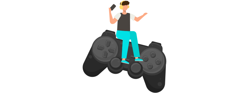 Ilustração de uma pessoa com fones de ouvido, sentado em um grande controle de video game como uma alusão à gamificação