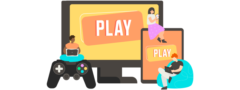 Ilustração contendo três pessoas, com controles de video game, celular ou notebooks para demonstrar a gamificação nos diferentes canais