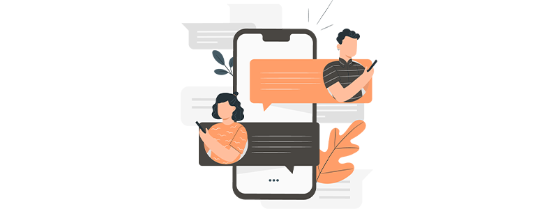Ilustração de pessoas conversando por mensagens de texto no celular