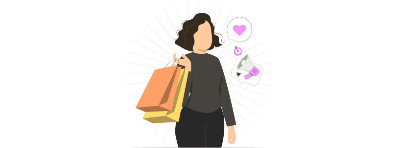Uma mulher segurando sua compra e apaixonada pela aquisição