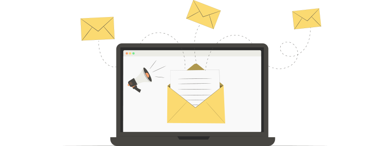 Ilustração de um notebook com e-mails na tela