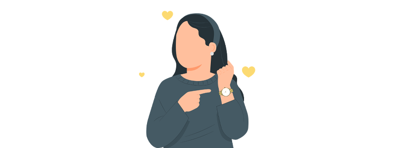 Ilustração de uma mulher apontando para seu relógio, como seu item de desejo