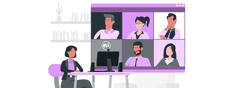Ilustração de várias pessoas em uma reunião online